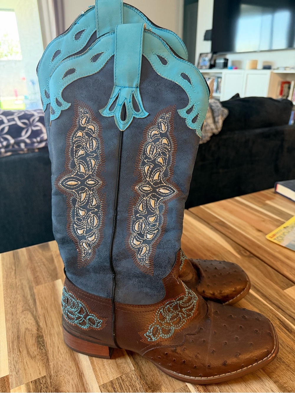 Turquoise & Brown Western Ostrich-Textured Cowboy Boots